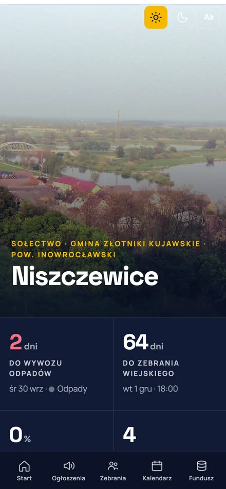 Wzór Aplikacja wsi na telefonie, z menu na dole ekranu